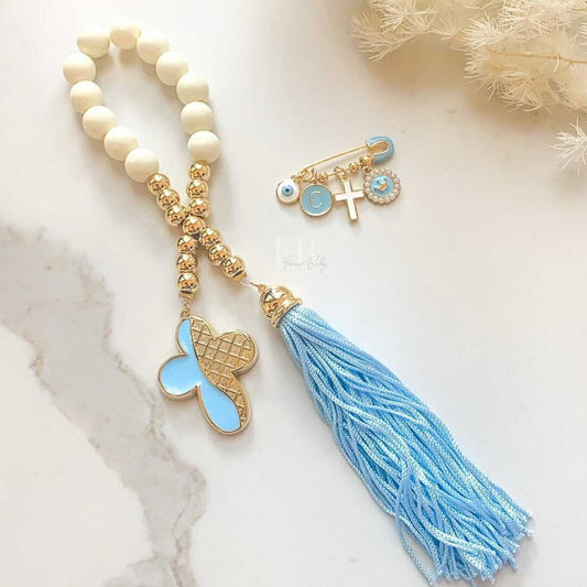 Blue Pearl Pin and Rosary Set